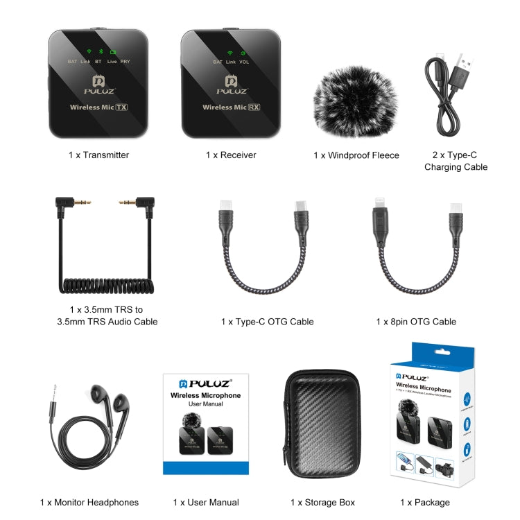 Microfono lavalier wireless PULUZ 1 TX + 1 RX, 1 TX + 1 RX