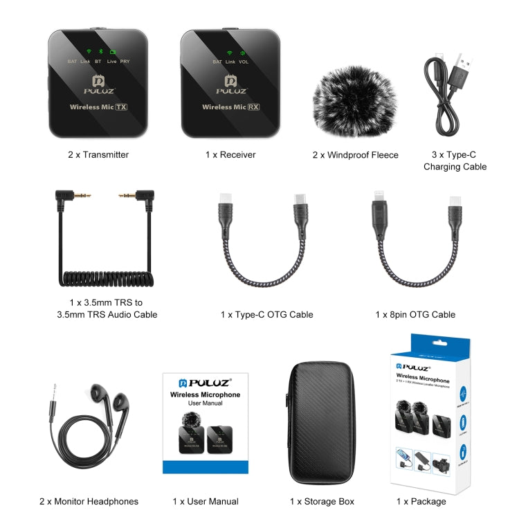 Microfono lavalier wireless PULUZ 2 TX + 1 RX, 2 TX + 1 RX