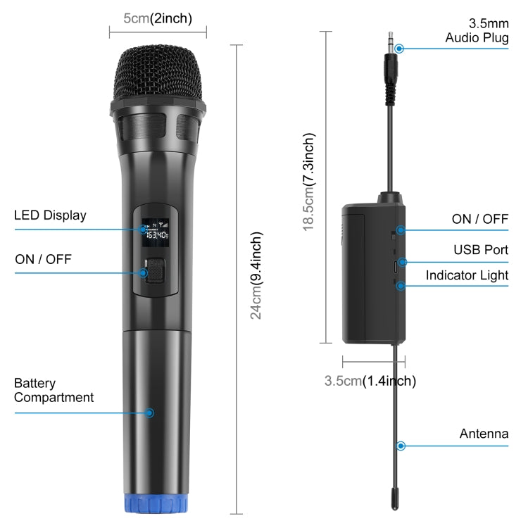 Microfoni dinamici wireless UHF PULUZ da 1 a 2 con display LED, trasmettitore da 3,5 mm, 1 To 2 UHF Wireless Microphones