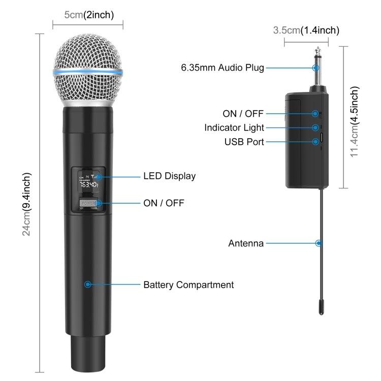 PULUZ da 1 a 2 microfoni wireless con display LED, trasmettitore da 6,35 mm