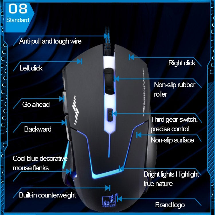 Mouse ottico USB da gioco T7 cablato a 3 colori modificabili 1200 DPI 1600 DPI 2400 DPI, T7