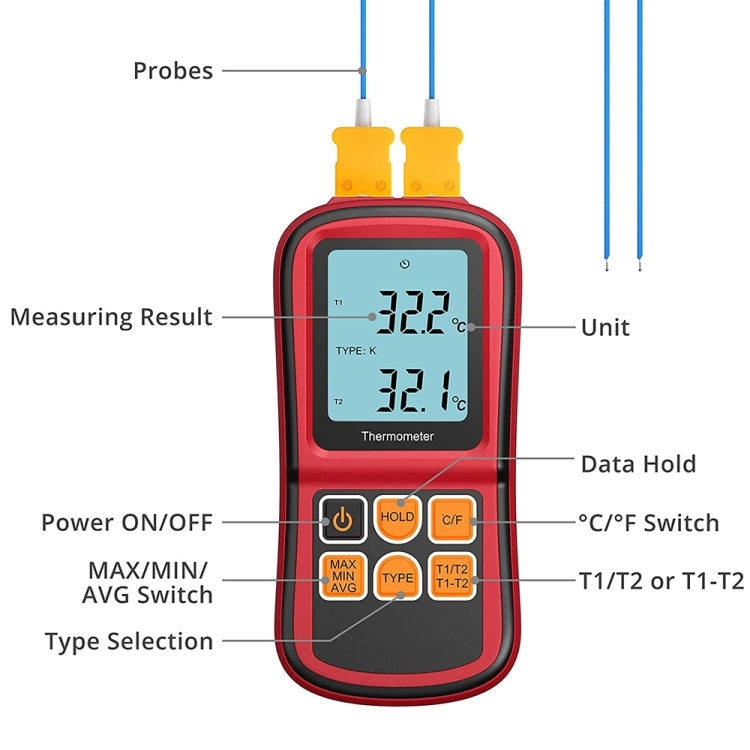 BENETECH GM1312 Termometro a termocoppia con schermo LCD da 2,4 pollici Misura tipo J, K, T, E, N e R, Intervallo di misura: -50 ~ 300 °C