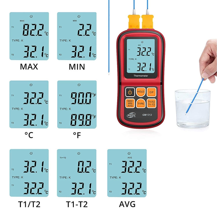 BENETECH GM1312 Termometro a termocoppia con schermo LCD da 2,4 pollici Misura tipo J, K, T, E, N e R, Intervallo di misura: -50 ~ 300 °C