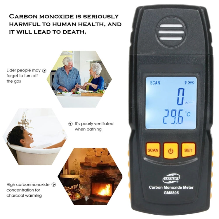 BENETECH GM8805 Tester per rilevatore di monossido di carbonio portatile con display LCD, misuratore di monossido di carbonio, intervallo di misura: 0-1000 ppm