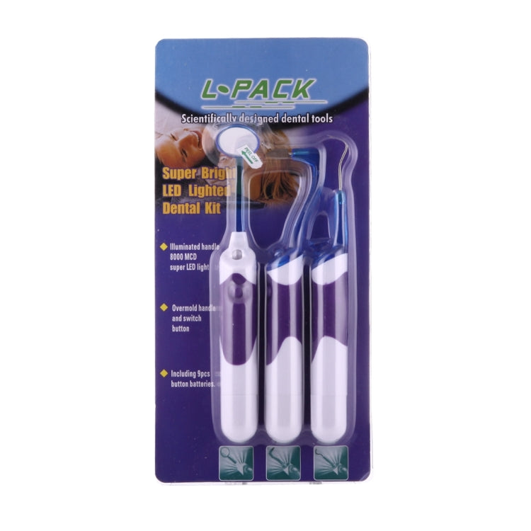 Kit di strumenti orali dentali professionali a LED 3 in 1 Lit-Pack (specchio dentale + gomma per macchie di denti + set per rimozione placca)