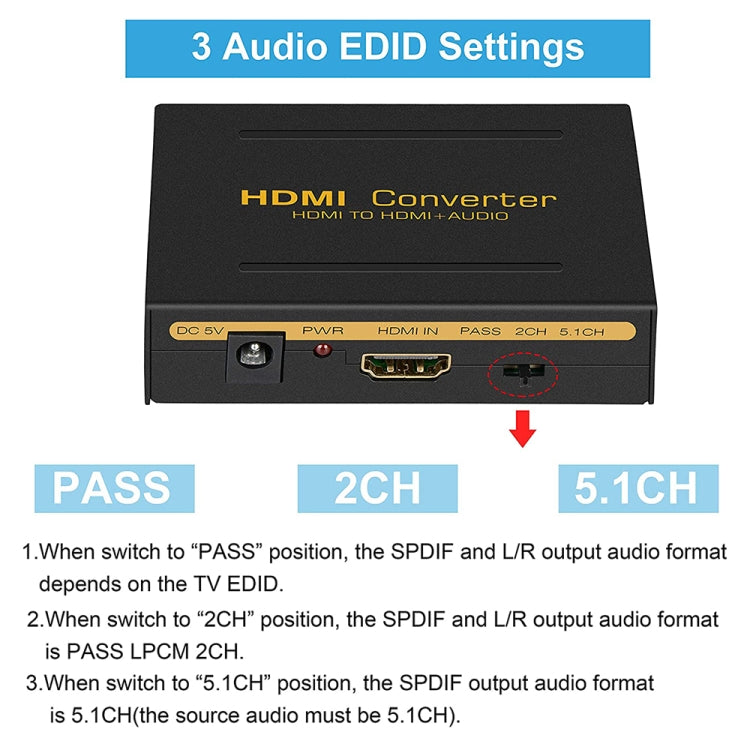 Convertitore da HDMI a HDMI + audio (SPDIF + R/L) (spina UE), HDMI to HDMI + Audio