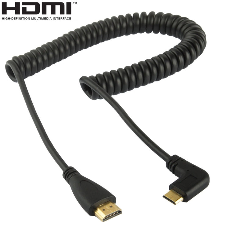 Cavo a spirale mini HDMI maschio a HDMI maschio placcato oro versione 1.4, supporto 3D / Ethernet, lunghezza: 0,6 m-2 m, Right Angle Mini HDMI to HDMI AM