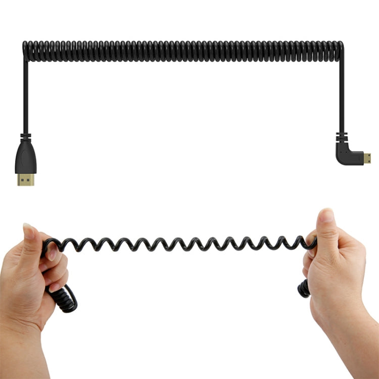 Cavo a spirale mini HDMI maschio a HDMI maschio placcato oro versione 1.4, supporto 3D / Ethernet, lunghezza: 0,6 m-2 m, Right Angle Mini HDMI to HDMI AM