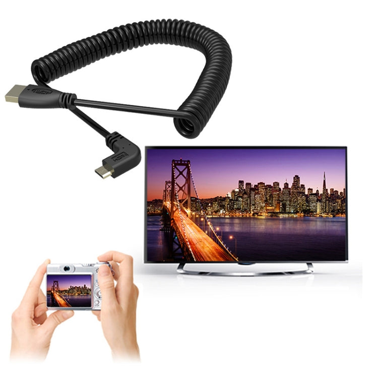 Cavo a spirale mini HDMI maschio a HDMI maschio placcato oro versione 1.4, supporto 3D / Ethernet, lunghezza: 0,6 m-2 m, Right Angle Mini HDMI to HDMI AM