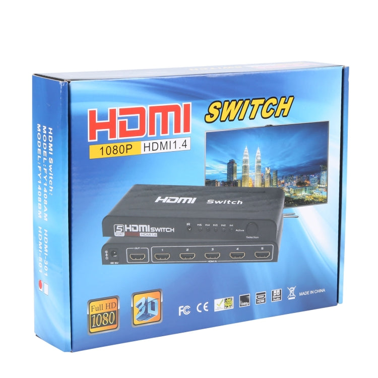 Switch HDMI Full HD 1080P a 5 porte con telecomando e indicatore LED, With LED Indicator