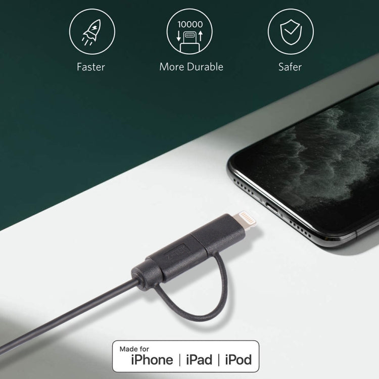 Cavo di ricarica per sincronizzazione dati MFI 2 in 1 da 1 m a 8 pin + Micro USB 2.0 maschio a USB
