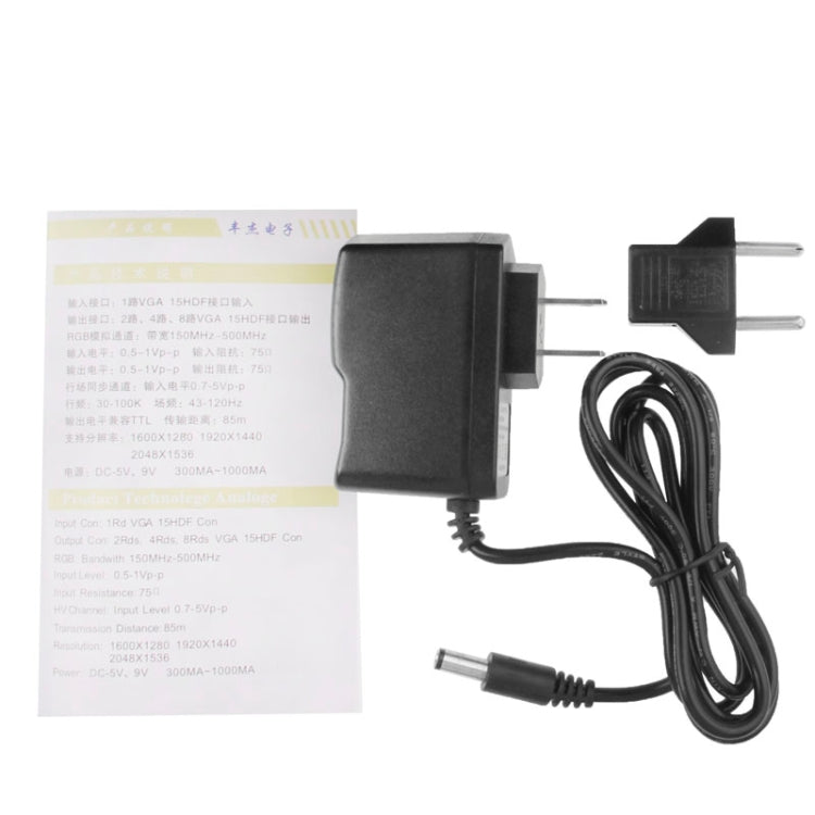 FJ-2508A Sdoppiatore video VGA a 8 porte Alta risoluzione 1920 x 1440 Supporta larghezza di banda video 250 MHz, 8 Ports Splitter Black