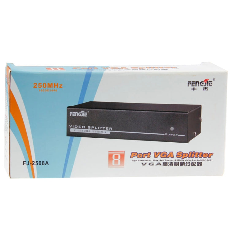 FJ-2508A Sdoppiatore video VGA a 8 porte Alta risoluzione 1920 x 1440 Supporta larghezza di banda video 250 MHz, 8 Ports Splitter Black