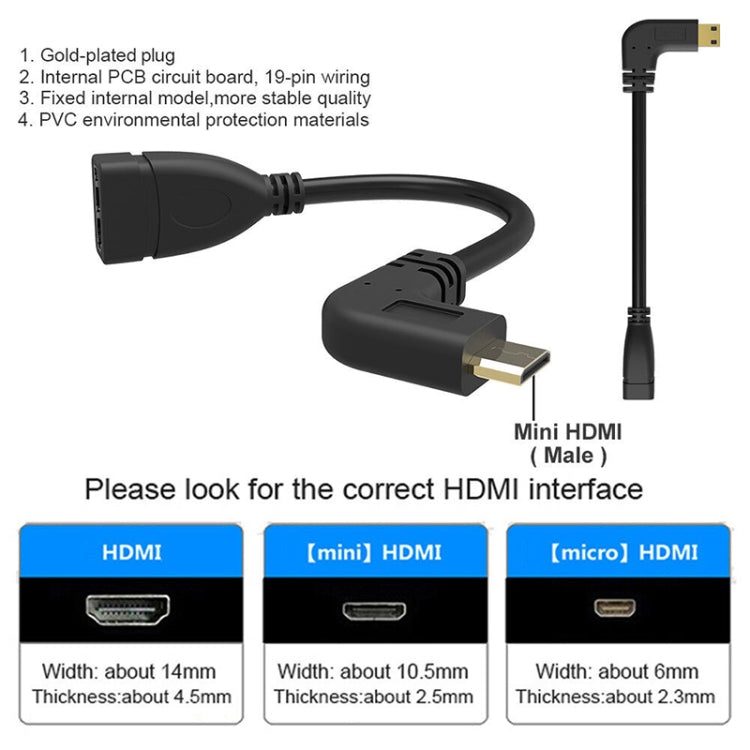 Cavo mini HDMI maschio a HDMI 19 pin femmina placcato oro da 16 cm, angolo retto di 90 gradi, Right Angle Mini HDMI to HDMI