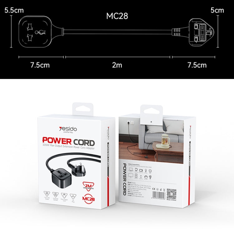 Cavo di prolunga Yesido MC28 da spina UK a presa di alimentazione universale, lunghezza: 2 m, Length: 2m