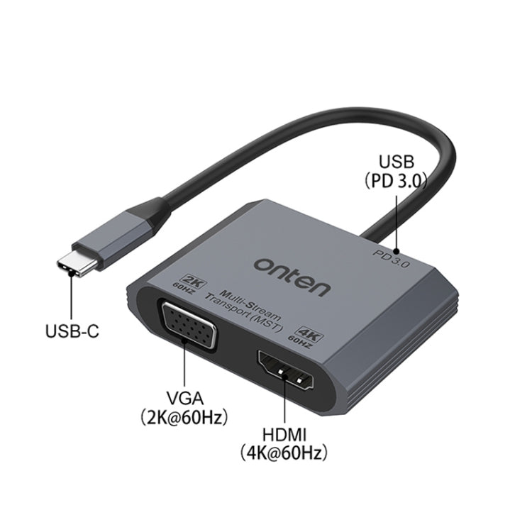 Onten M205 Convertitore video 3 in 1 da tipo C a HDMI+VGA+PD a ricarica rapida, M205