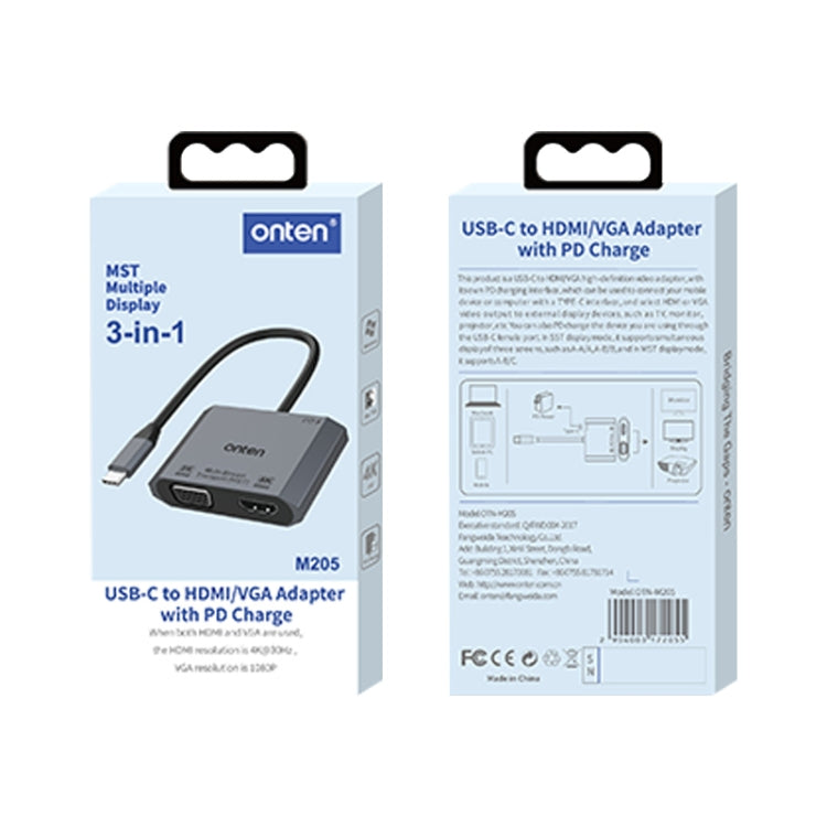 Onten M205 Convertitore video 3 in 1 da tipo C a HDMI+VGA+PD a ricarica rapida, M205