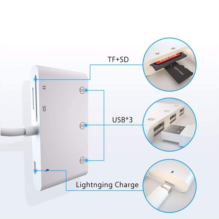 ZS-S1852 Adattatore per lettore di schede per fotocamera OTG 6 in 1 3 USB femmina a 8 pin maschio con scheda SD e TF e interfaccia di ricarica a 8 pin, supporta tutti i sistemi iOS