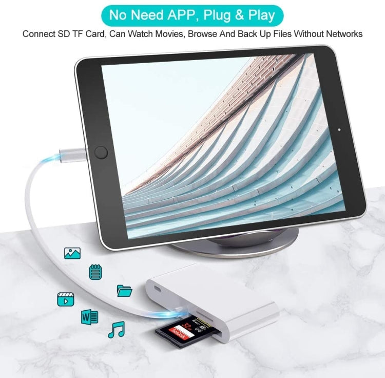 ZS-S1852 Adattatore per lettore di schede per fotocamera OTG 6 in 1 3 USB femmina a 8 pin maschio con scheda SD e TF e interfaccia di ricarica a 8 pin, supporta tutti i sistemi iOS