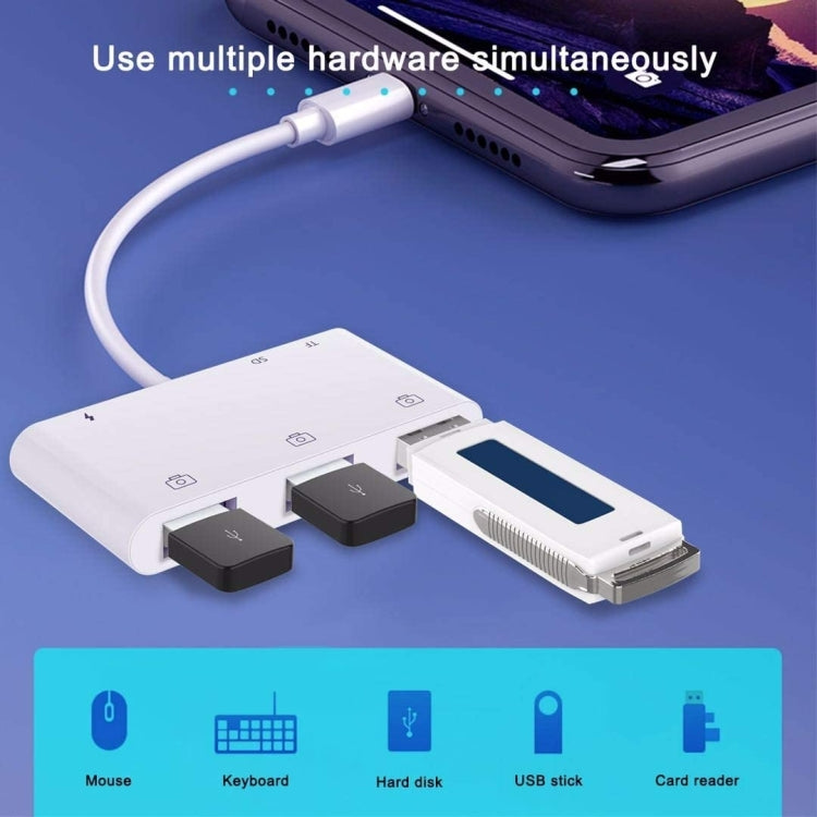 ZS-S1852 Adattatore per lettore di schede per fotocamera OTG 6 in 1 3 USB femmina a 8 pin maschio con scheda SD e TF e interfaccia di ricarica a 8 pin, supporta tutti i sistemi iOS