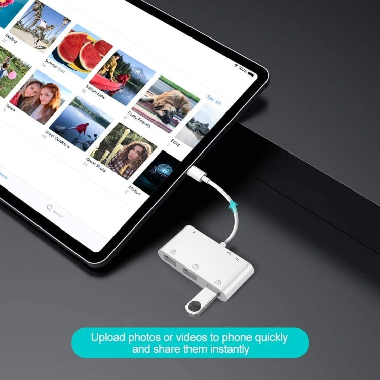 ZS-S1852 Adattatore per lettore di schede per fotocamera OTG 6 in 1 3 USB femmina a 8 pin maschio con scheda SD e TF e interfaccia di ricarica a 8 pin, supporta tutti i sistemi iOS