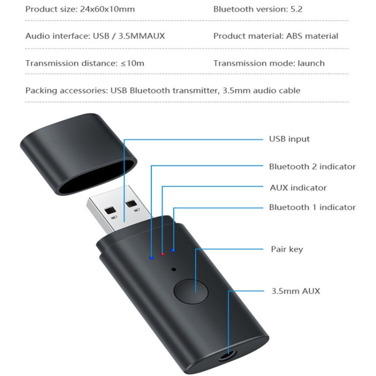Trasmettitore Bluetooth 5.2 TX35 One Drag Two Doppia uscita USB / AUX