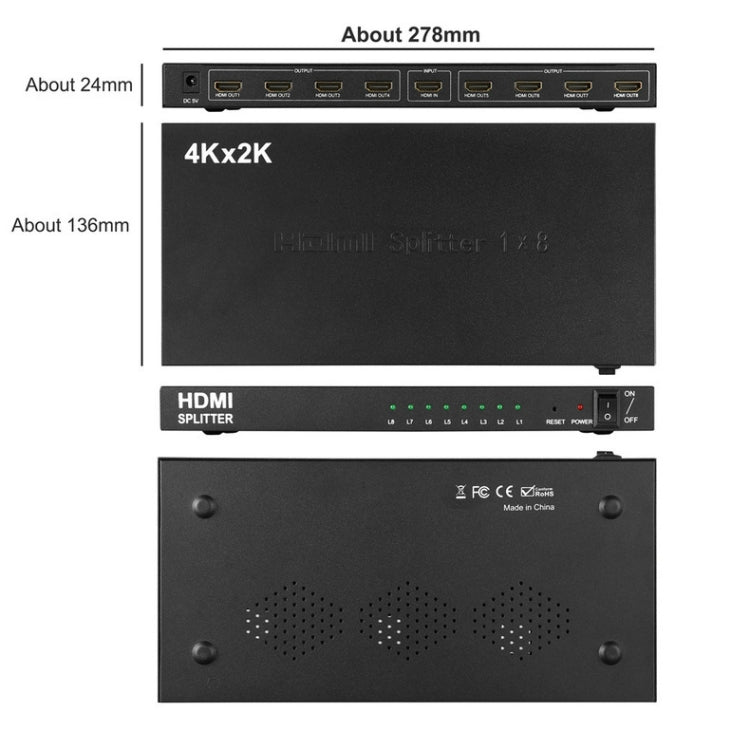 1 sdoppiatore HDMI 8 4K x 2K 3840*2160/30HZ, 1 x 8 4K x 2K