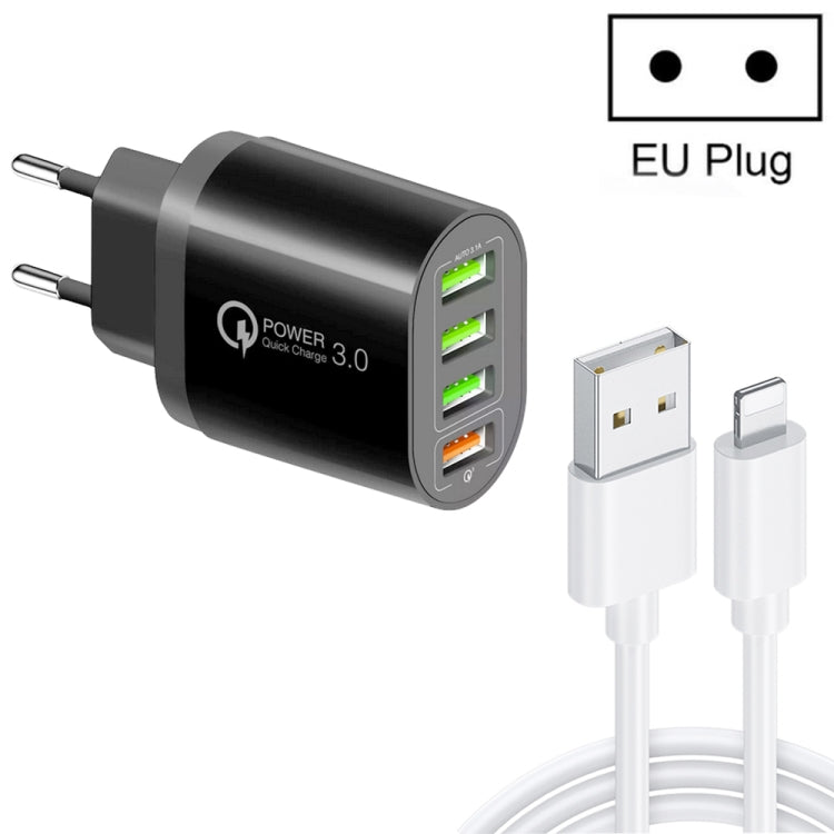 QC-04 QC3.0 + 3 caricabatterie multiporta USB 2.0 con cavo dati da USB a 8 pin da 3 A, spina UE, EU Plug + 8 Pin Cable