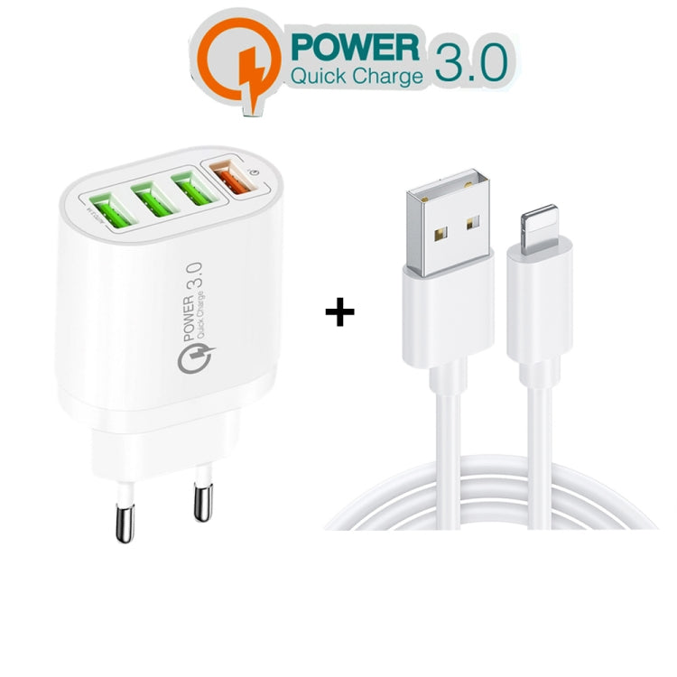QC-04 QC3.0 + 3 caricabatterie multiporta USB 2.0 con cavo dati da USB a 8 pin da 3 A, spina UE, EU Plug + 8 Pin Cable