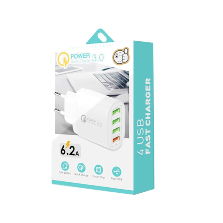 QC-04 QC3.0 + 3 caricabatterie multiporta USB 2.0 con cavo dati da USB a 8 pin da 3 A, spina UE, EU Plug + 8 Pin Cable