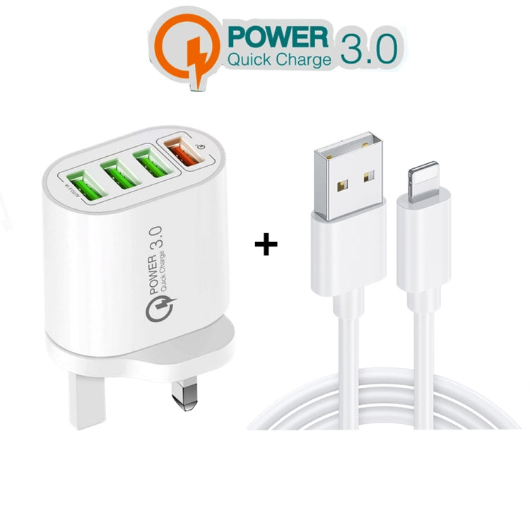 QC-04 QC3.0 + 3 caricabatterie multiporta USB 2.0 con cavo dati da USB a 8 pin da 3 A, presa UK, UK Plug + 8 Pin Cable