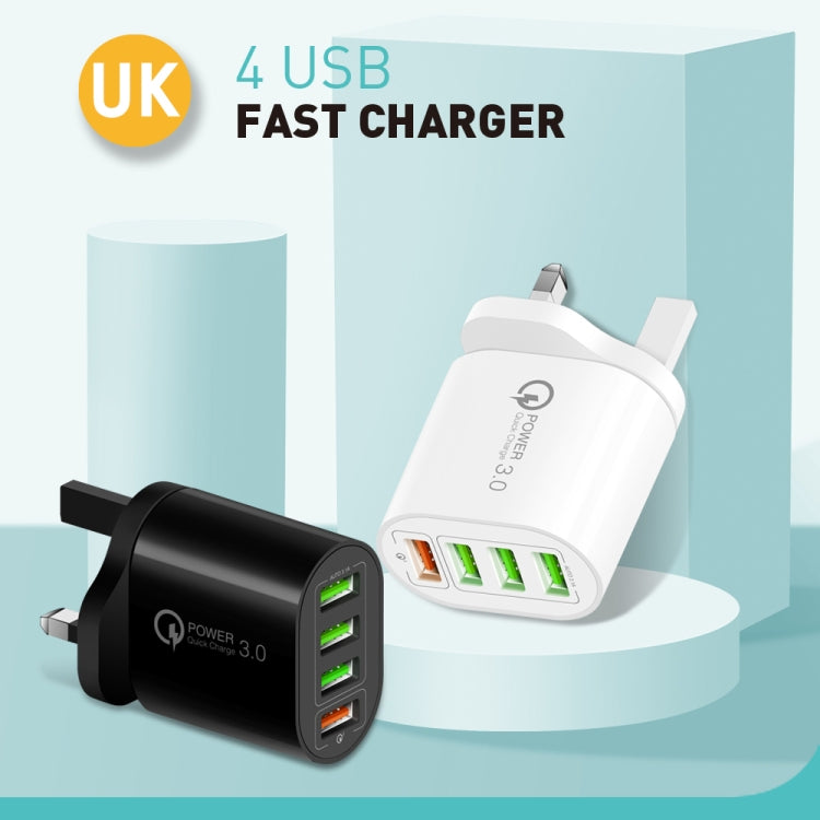 QC-04 QC3.0 + 3 caricabatterie multiporta USB 2.0 con cavo dati da USB a 8 pin da 3 A, presa UK, UK Plug + 8 Pin Cable