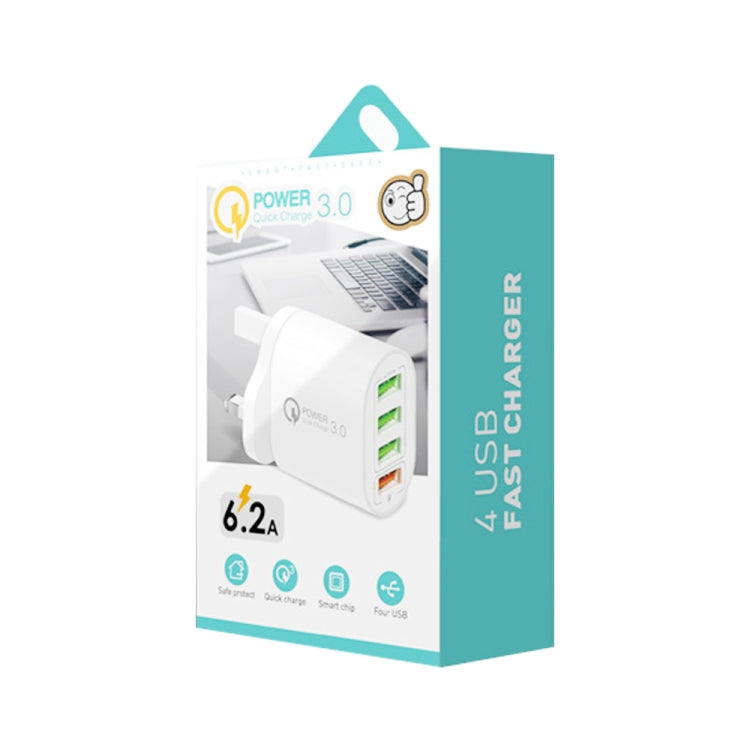 QC-04 QC3.0 + 3 caricabatterie multiporta USB 2.0 con cavo dati da USB a 8 pin da 3 A, presa UK, UK Plug + 8 Pin Cable