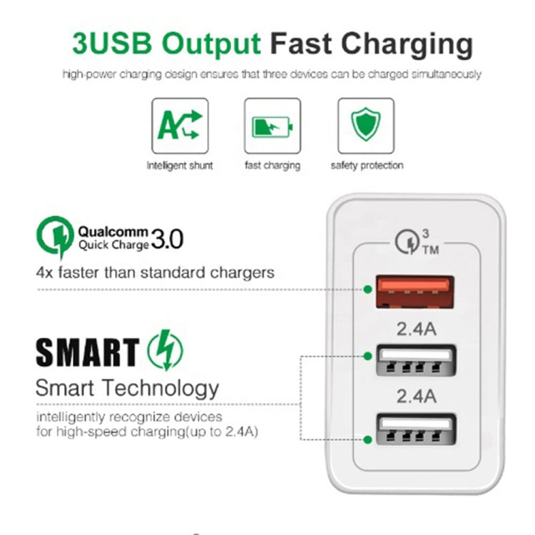 SDC-30W QC3.0 USB + 2 porte USB 2.0 Caricatore rapido con cavo da USB a 8 pin, spina AU, with 8 Pin Cable, AU Plug