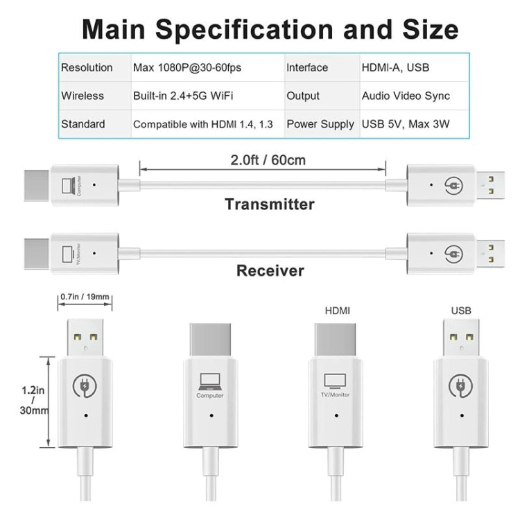 Kit trasmettitore e ricevitore HDMI wireless, adattatore di estensione wireless HDMI, proiezione audio video 1080P 60fps per PC, laptop, fotocamera su HDTV/proiettore