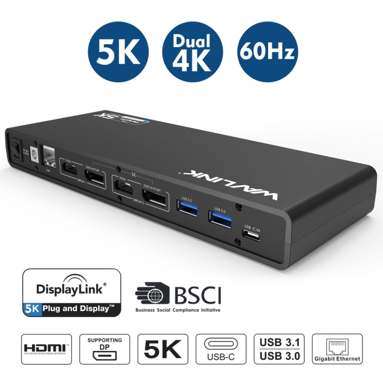 Wavlink UG69DK1 Docking station HDMI Gigabit Ethernet video USB 3.0 con doppio display Type-C da 5K, US Plug, EU Plug, UK Plug, AU Plug