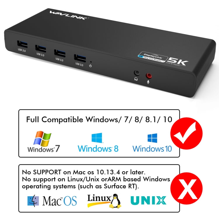 Wavlink UG69DK1 Docking station HDMI Gigabit Ethernet video USB 3.0 con doppio display Type-C da 5K, US Plug, EU Plug, UK Plug, AU Plug