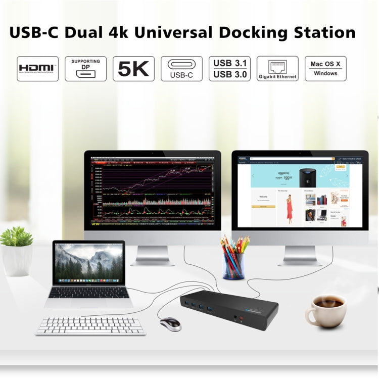 Wavlink UG69DK1 Docking station HDMI Gigabit Ethernet video USB 3.0 con doppio display Type-C da 5K, US Plug, EU Plug, UK Plug, AU Plug