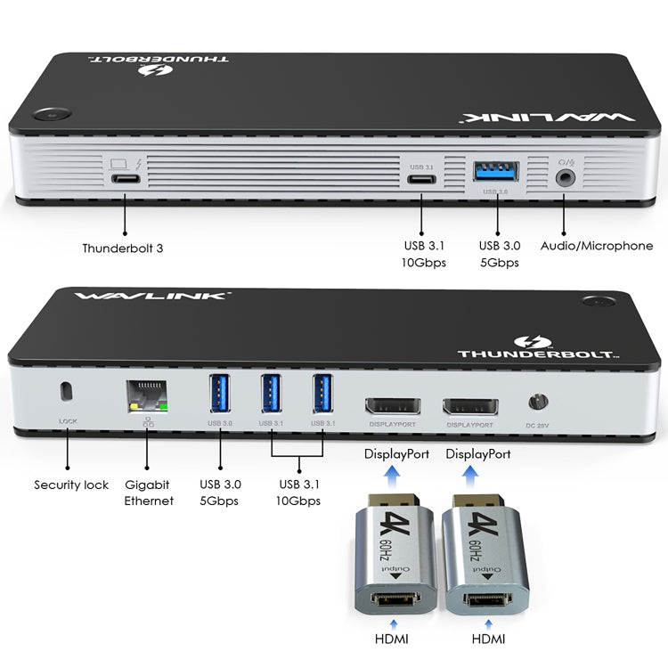 Wavlink UTD21H Docking station Thunderbolt 3 per ricarica host da 60 W Doppio display 4K Porte 11 in 1, US Plug, EU Plug, UK Plug
