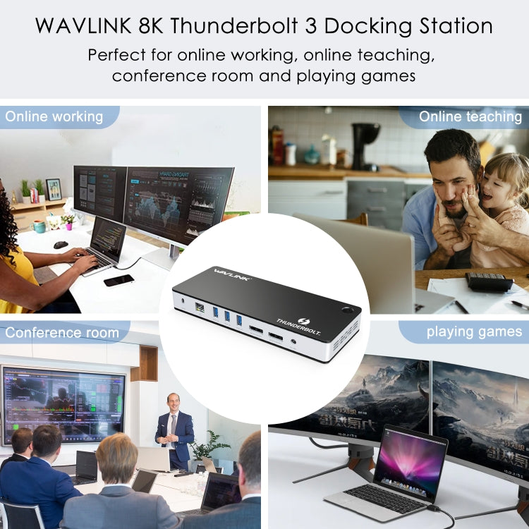 Wavlink UTD21H Docking station Thunderbolt 3 per ricarica host da 60 W Doppio display 4K Porte 11 in 1, US Plug, EU Plug, UK Plug