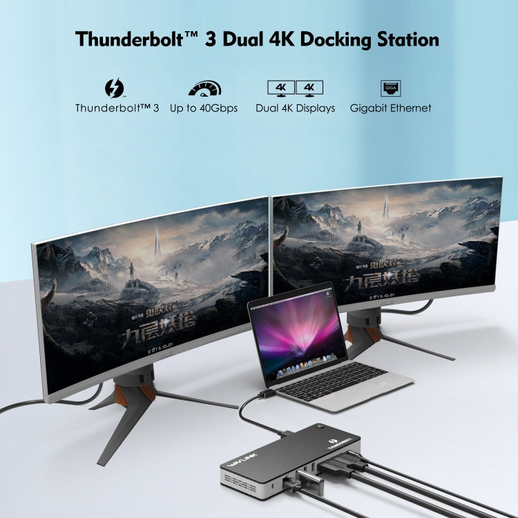 Wavlink UTD21H Docking station Thunderbolt 3 per ricarica host da 60 W Doppio display 4K Porte 11 in 1, US Plug, EU Plug, UK Plug