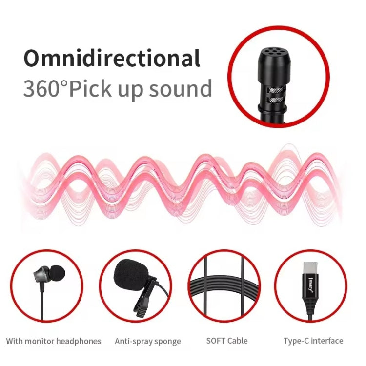 JMARY MC-R6 Microfono lavalier con cavo di tipo C con porta e auricolare in-ear, lunghezza: 3 m, MC-R6