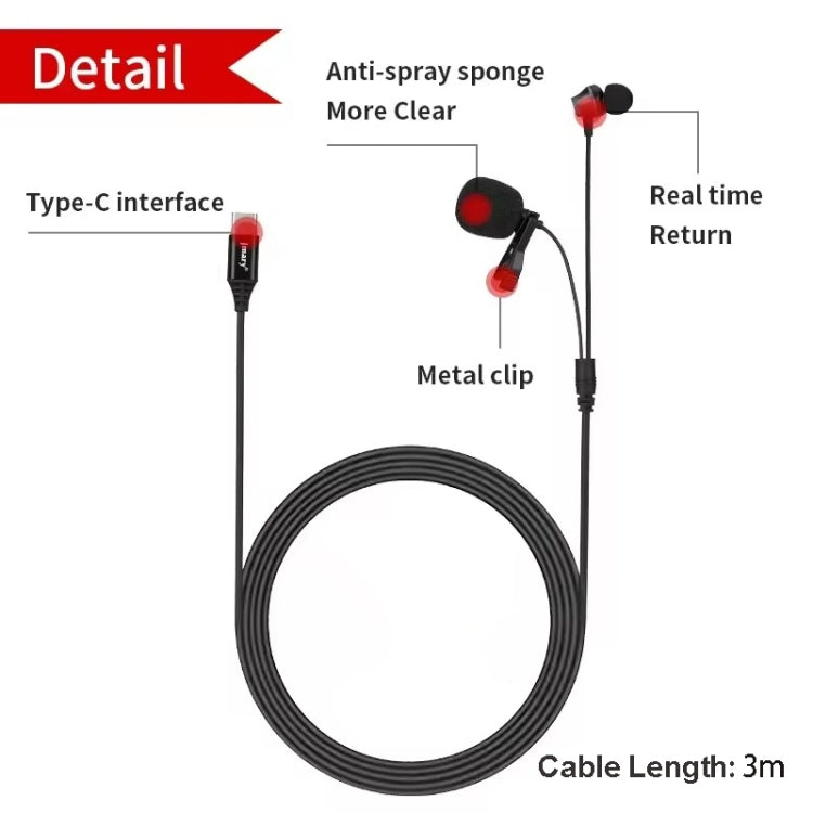 JMARY MC-R6 Microfono lavalier con cavo di tipo C con porta e auricolare in-ear, lunghezza: 3 m, MC-R6
