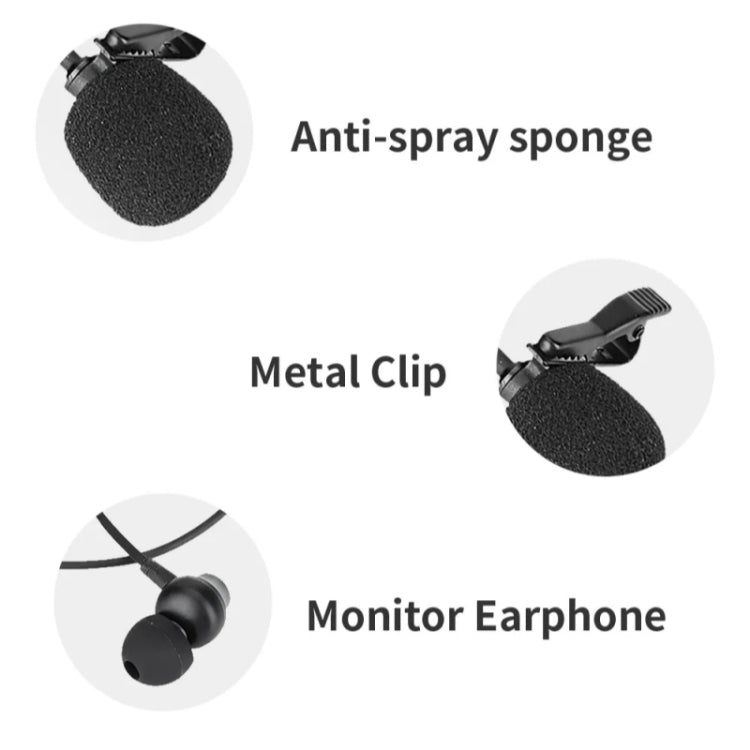 JMARY MC-R5 Microfono lavalier con cavo da 3,5 mm con auricolare per il monitoraggio del suono, lunghezza: 3 m, MC-R5
