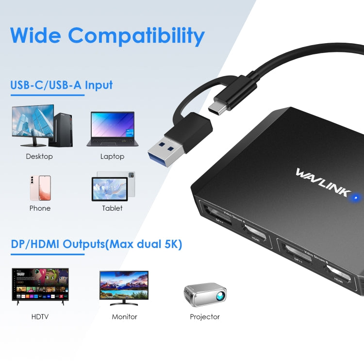 WAVLINK WL-UG69DH2 Splitter adattatore DisplayPort da USB+Tipo C a doppio monitor HD 4K