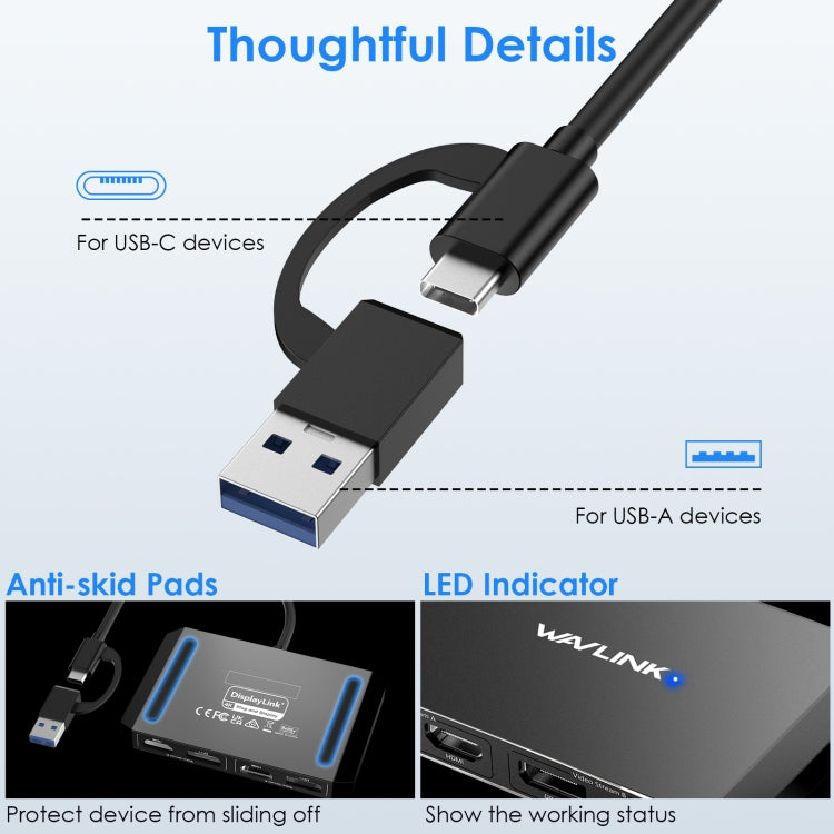 WAVLINK WL-UG69DH2 Splitter adattatore DisplayPort da USB+Tipo C a doppio monitor HD 4K