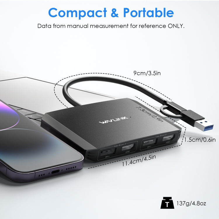 WAVLINK WL-UG69DH2 Splitter adattatore DisplayPort da USB+Tipo C a doppio monitor HD 4K