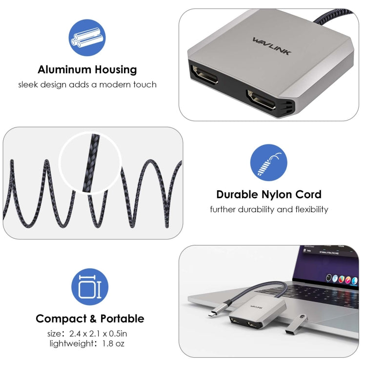 WAVLINK WL-UHP510Pro Convertitore video 4K/60Hz Adattatore USB-C maschio a doppio HDMI femmina, WL-UHP5