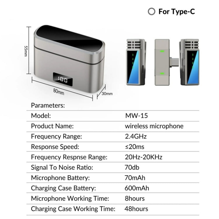 Microfono wireless lavalier 2.4G con porta USB-C/Type-C JMARY MW-15, Type-C Port