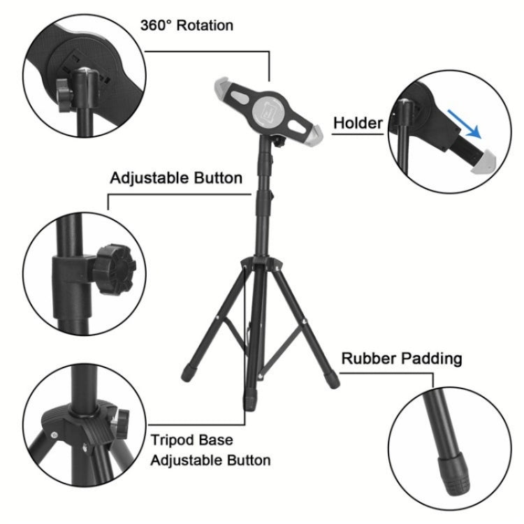 XWJ-LP002 per tablet da 7,9-12 pollici Treppiede portatile in lega di alluminio con rotazione a 360 gradi, XWJ-LP002